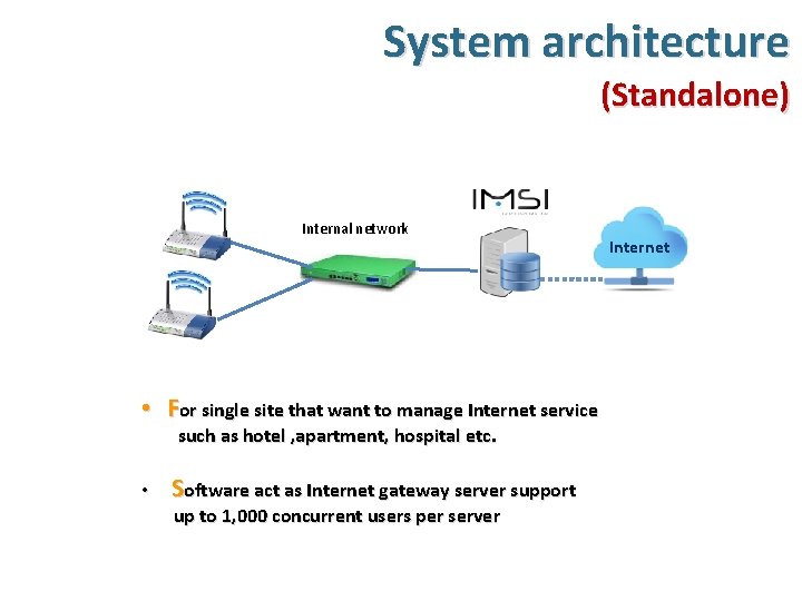 System architecture (Standalone) Internal network • For single site that want to manage Internet