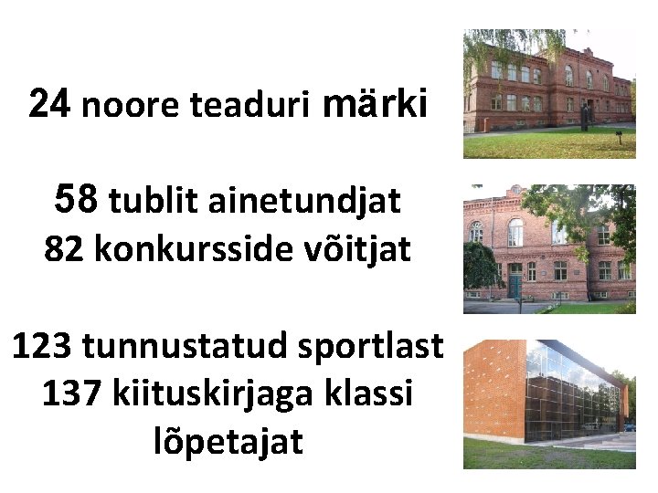 24 noore teaduri märki 58 tublit ainetundjat 82 konkursside võitjat 123 tunnustatud sportlast 137