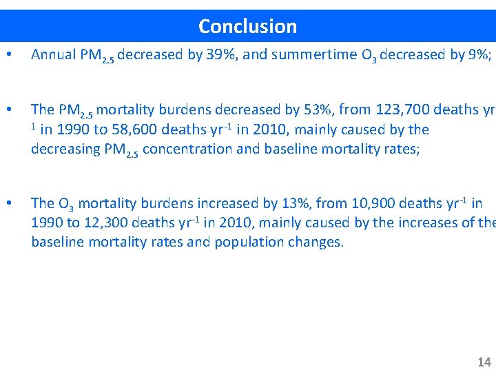 Conclusion • Annual PM 2. 5 decreased by 39%, and summertime O 3 decreased