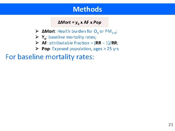 Methods ∆Mort = y 0 x AF x Pop Ø Ø ∆Mort: Health burden