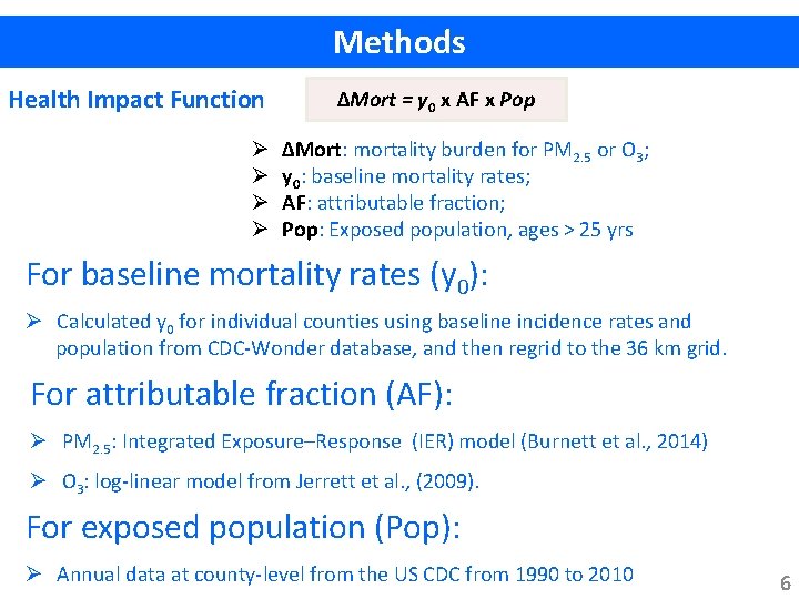 Methods Health Impact Function Ø Ø ∆Mort = y 0 x AF x Pop