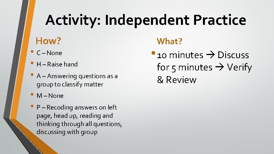 Activity: Independent Practice How? • C – None • H – Raise hand •