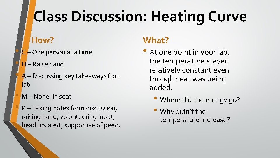 Class Discussion: Heating Curve How? • C – One person at a time •