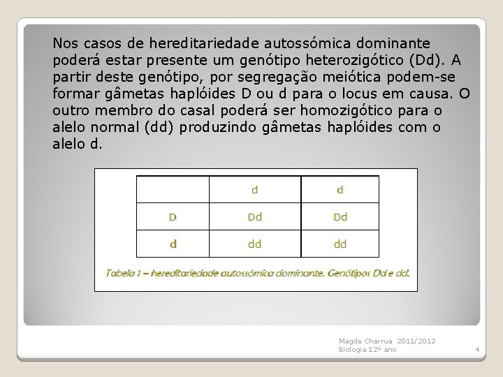 Nos casos de hereditariedade autossómica dominante poderá estar presente um genótipo heterozigótico (Dd). A