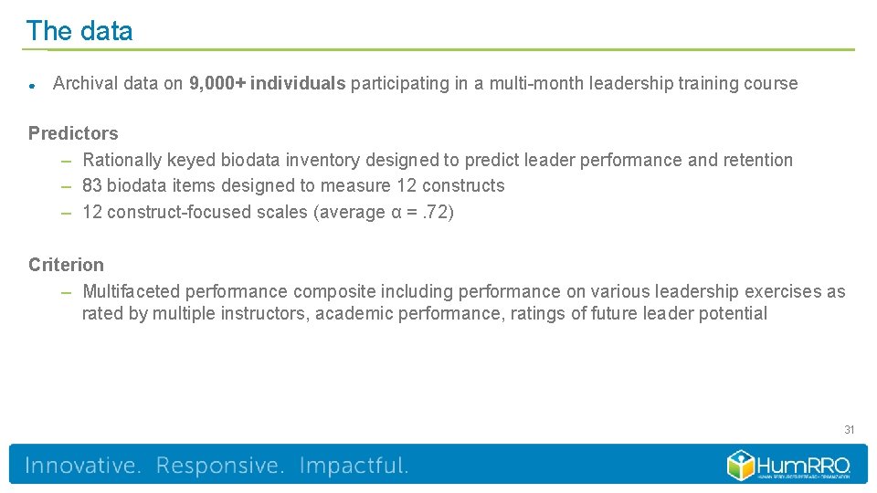 The data ● Archival data on 9, 000+ individuals participating in a multi-month leadership
