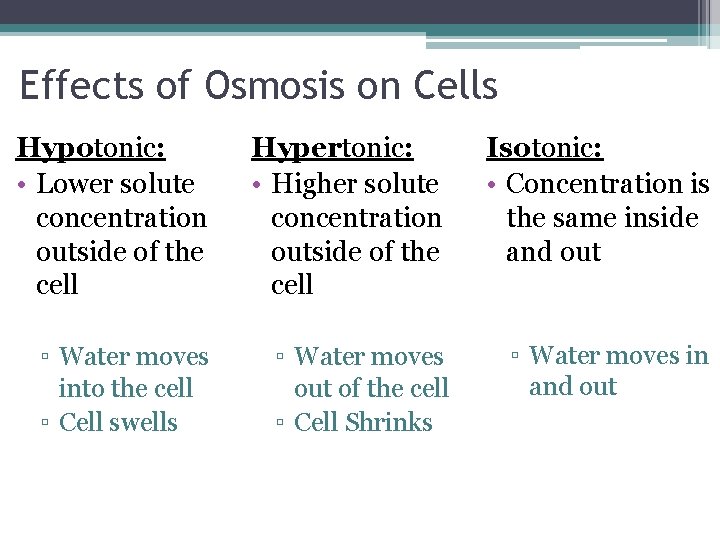 Effects of Osmosis on Cells Hypotonic: • Lower solute concentration outside of the cell
