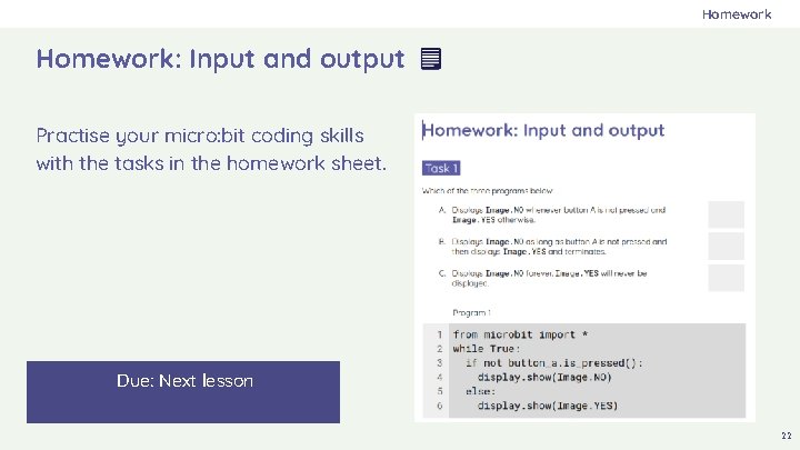 Homework: Input and output Practise your micro: bit coding skills with the tasks in