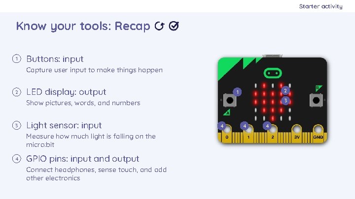 Starter activity Know your tools: Recap 1 Buttons: input Capture user input to make