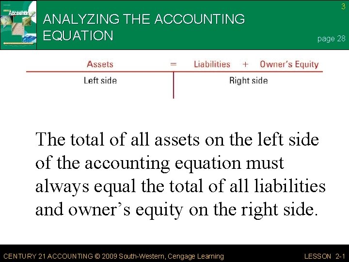 3 ANALYZING THE ACCOUNTING EQUATION page 28 The total of all assets on the