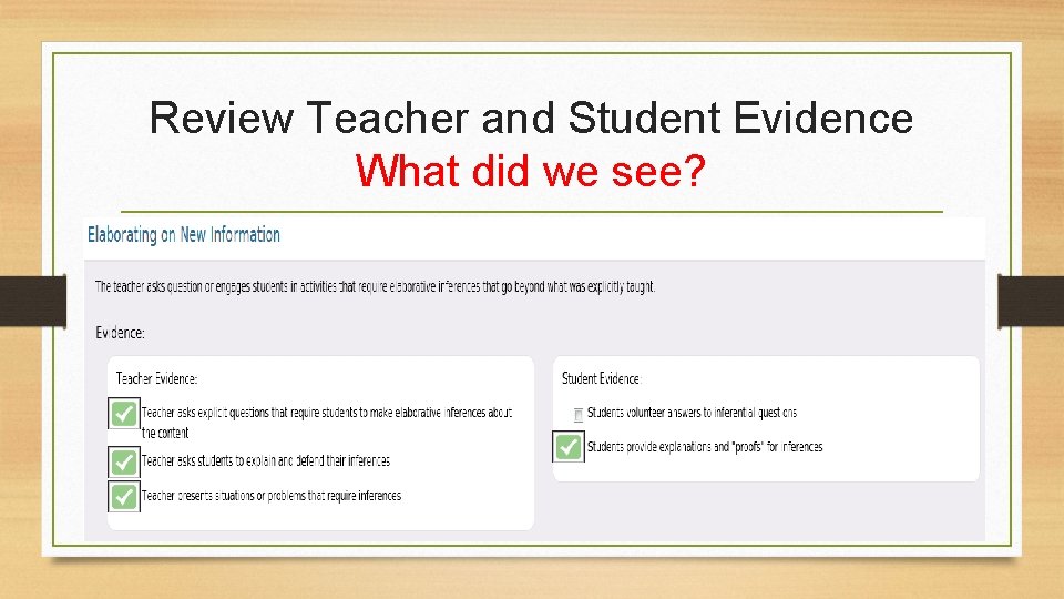 Review Teacher and Student Evidence What did we see? 