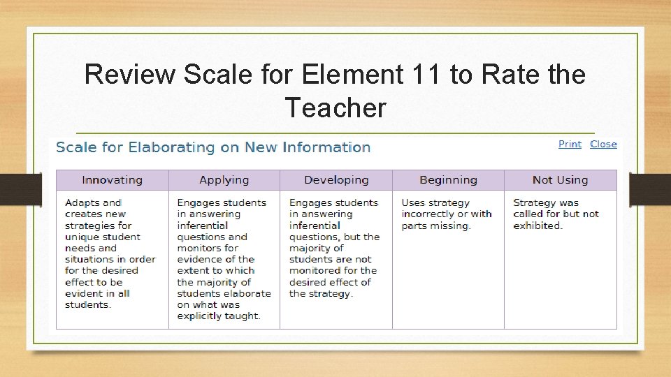 Review Scale for Element 11 to Rate the Teacher 