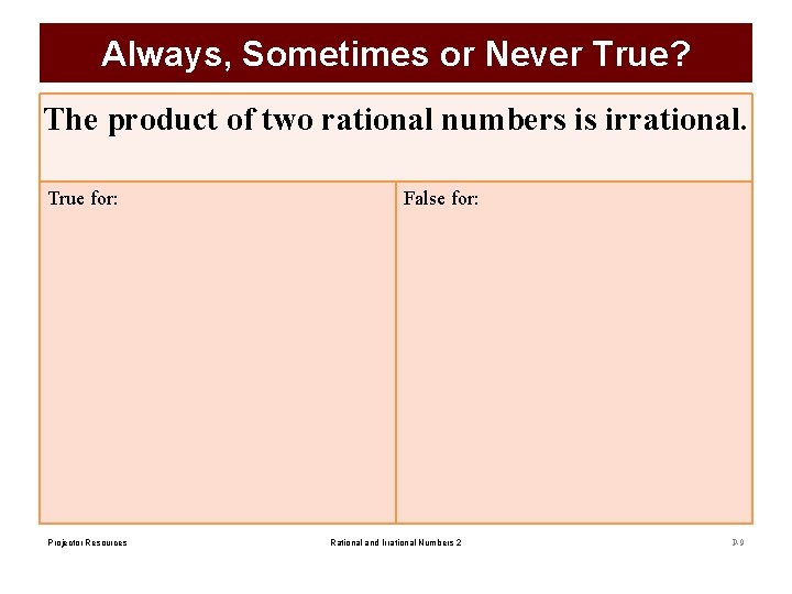 Always, Sometimes or Never True? The product of two rational numbers is irrational. True