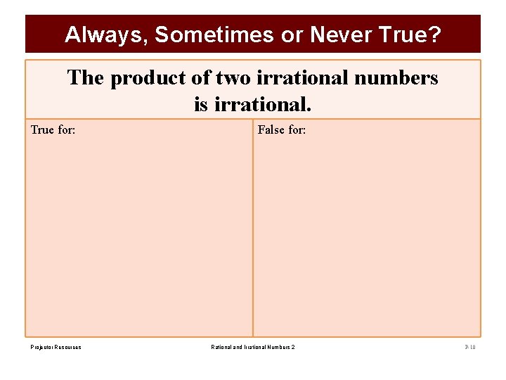 Always, Sometimes or Never True? The product of two irrational numbers is irrational. True