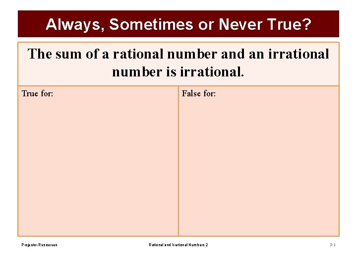 Always, Sometimes or Never True? The sum of a rational number and an irrational