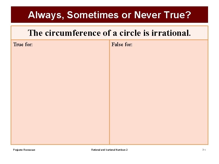 Always, Sometimes or Never True? The circumference of a circle is irrational. True for: