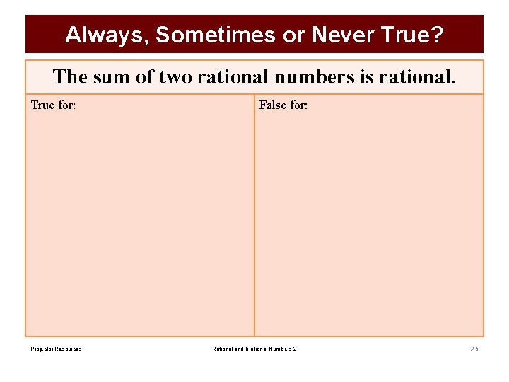 Always, Sometimes or Never True? The sum of two rational numbers is rational. True