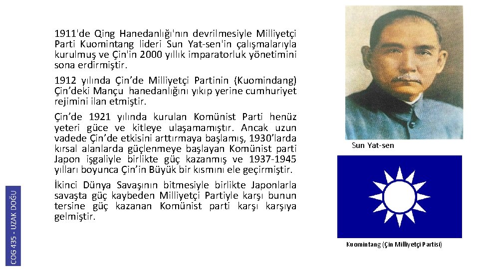 1911'de Qing Hanedanlığı'nın devrilmesiyle Milliyetçi Parti Kuomintang lideri Sun Yat-sen'in çalışmalarıyla kurulmuş ve Çin'in