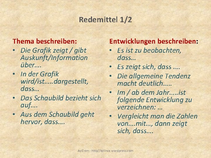 Redemittel 1/2 Thema beschreiben: • Die Grafik zeigt / gibt Auskunft/Information über…. • In