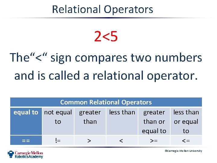Relational Operators 2<5 The“<“ sign compares two numbers and is called a relational operator.