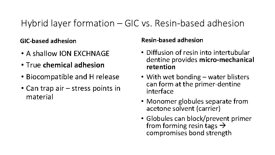 Hybrid layer formation – GIC vs. Resin-based adhesion GIC-based adhesion Resin-based adhesion • A Hybrid layer formation – GIC vs. Resin-based adhesion GIC-based adhesion Resin-based adhesion • A