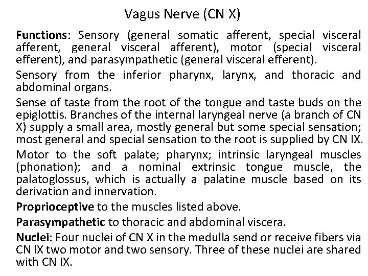 Vagus Nerve (CN X) Functions: Sensory (general somatic afferent, special visceral afferent, general visceral