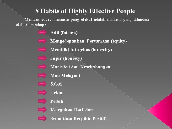 8 Habits of Highly Effective People Menurut covey, manusia yang efektif adalah manusia yang
