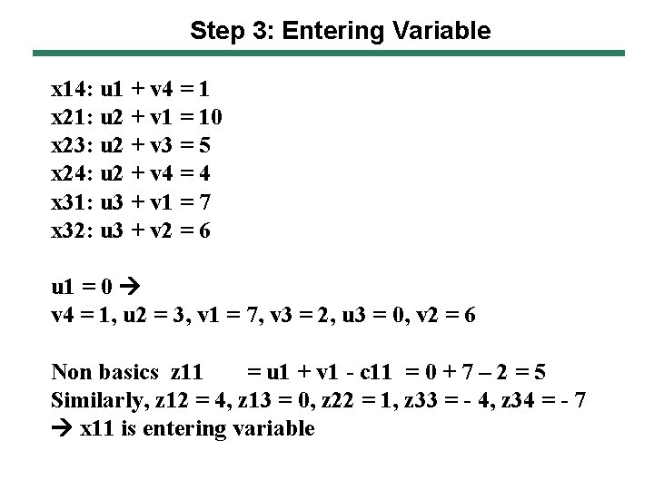 Step 3: Entering Variable x 14: u 1 + v 4 = 1 x Step 3: Entering Variable x 14: u 1 + v 4 = 1 x