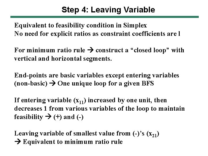 Step 4: Leaving Variable Equivalent to feasibility condition in Simplex No need for explicit