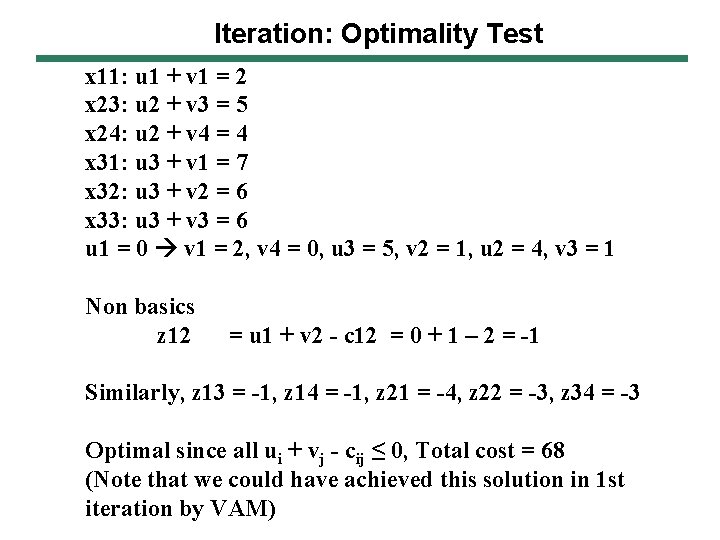 Iteration: Optimality Test x 11: u 1 + v 1 = 2 x 23: