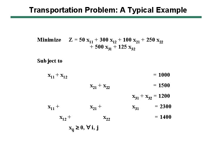 Transportation Problem: A Typical Example Minimize Z = 50 x 11 + 300 x Transportation Problem: A Typical Example Minimize Z = 50 x 11 + 300 x