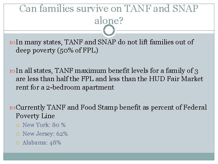 Can families survive on TANF and SNAP alone? In many states, TANF and SNAP