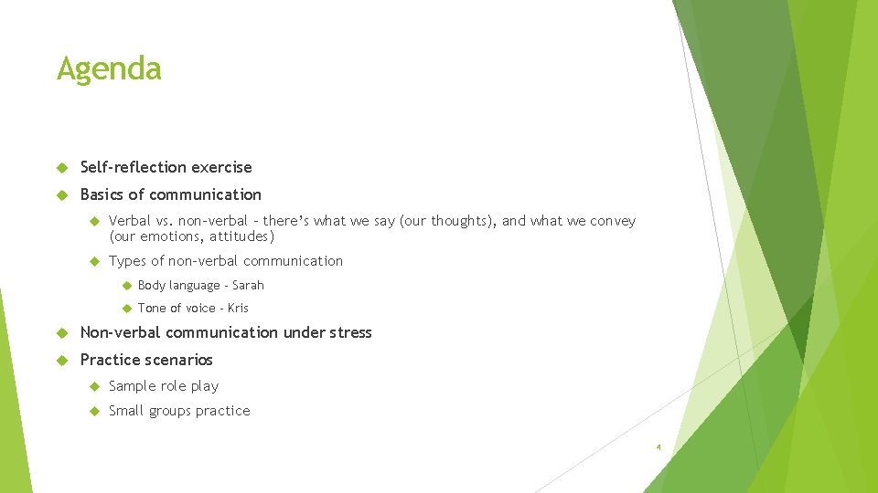 Agenda Self-reflection exercise Basics of communication Verbal vs. non-verbal – there’s what we say