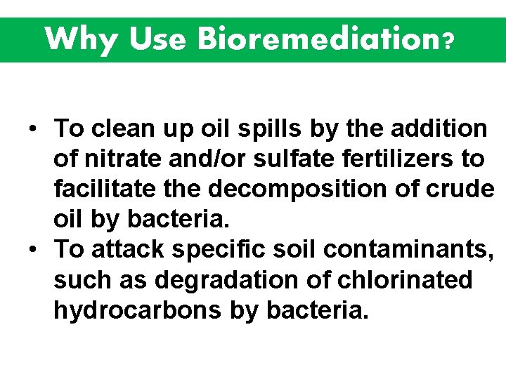 Why Use Bioremediation? • To clean up oil spills by the addition of nitrate