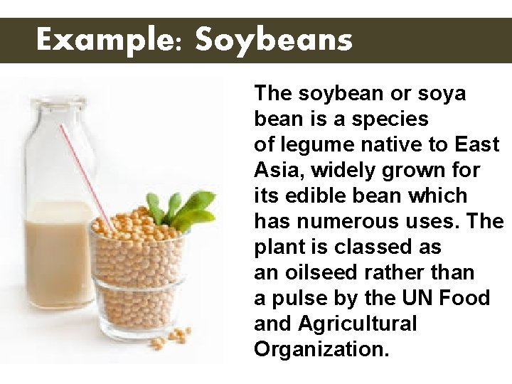 Example: Soybeans The soybean or soya bean is a species of legume native to