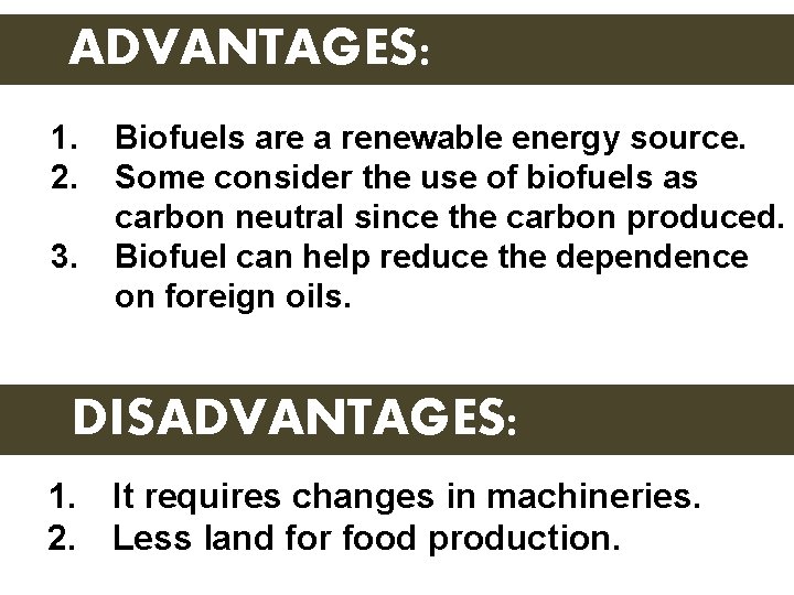 ADVANTAGES: 1. 2. 3. Biofuels are a renewable energy source. Some consider the use