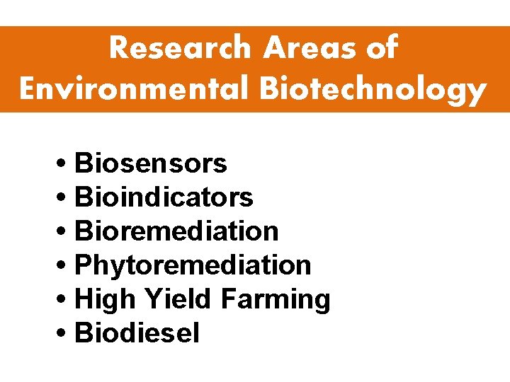 Research Areas of Environmental Biotechnology • Biosensors • Bioindicators • Bioremediation • Phytoremediation •