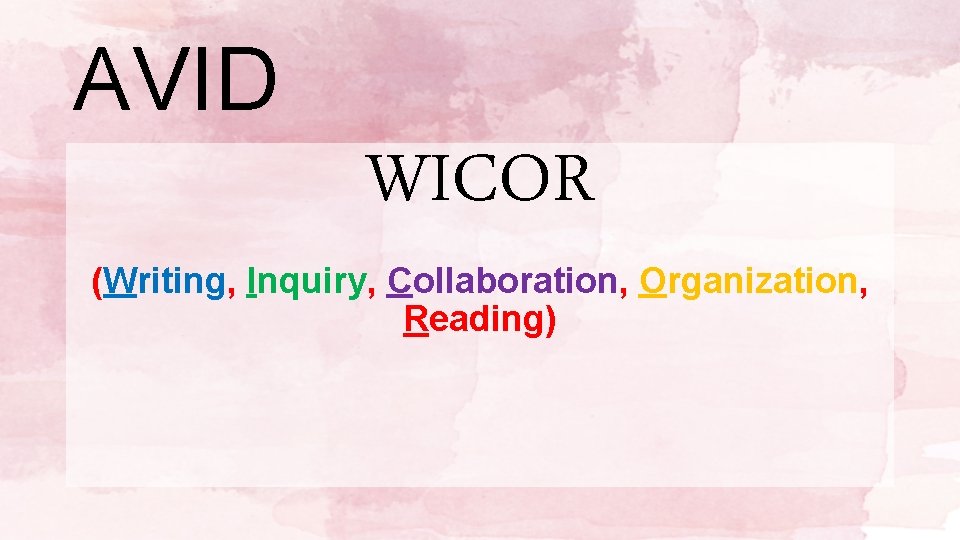 AVID WICOR (Writing, Inquiry, Collaboration, Organization, Reading) 