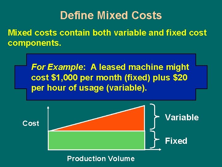 Define Mixed Costs Mixed costs contain both variable and fixed cost components. For Example: