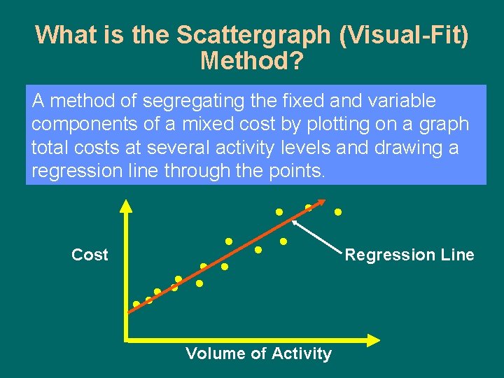 What is the Scattergraph (Visual-Fit) Method? A method of segregating the fixed and variable