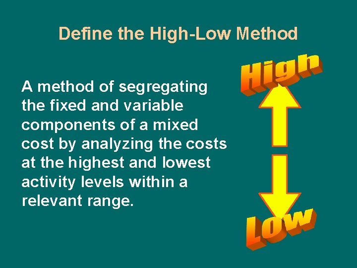 Define the High-Low Method A method of segregating the fixed and variable components of