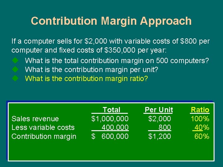 Contribution Margin Approach If a computer sells for $2, 000 with variable costs of
