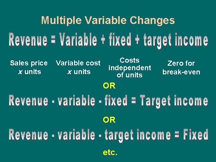 Multiple Variable Changes Sales price x units Variable cost x units Costs independent of
