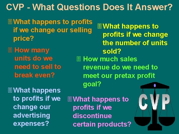 CVP - What Questions Does It Answer? 3 What happens to profits 3 What