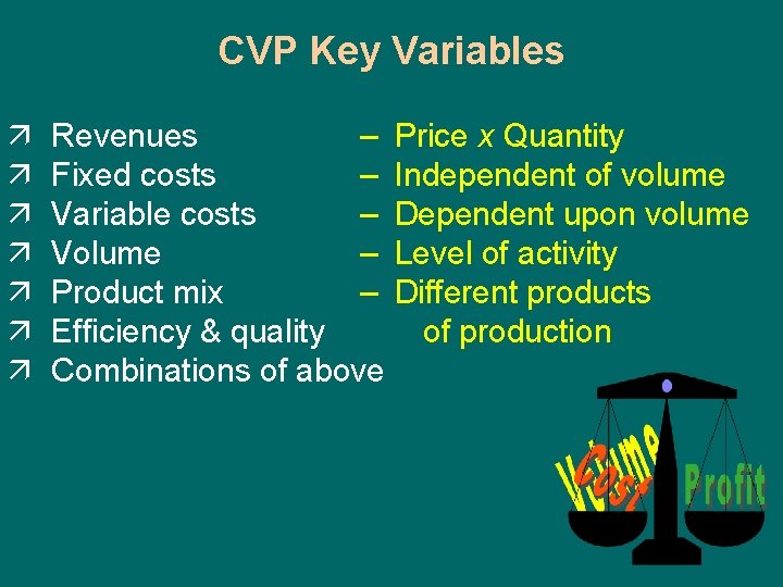 CVP Key Variables ä ä ä ä Revenues – Price x Quantity Fixed costs