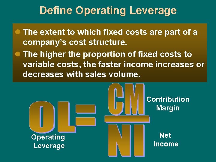 Define Operating Leverage l The extent to which fixed costs are part of a