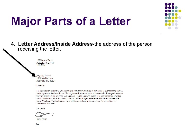 Major Parts of a Letter 4. Letter Address/Inside Address-the address of the person receiving
