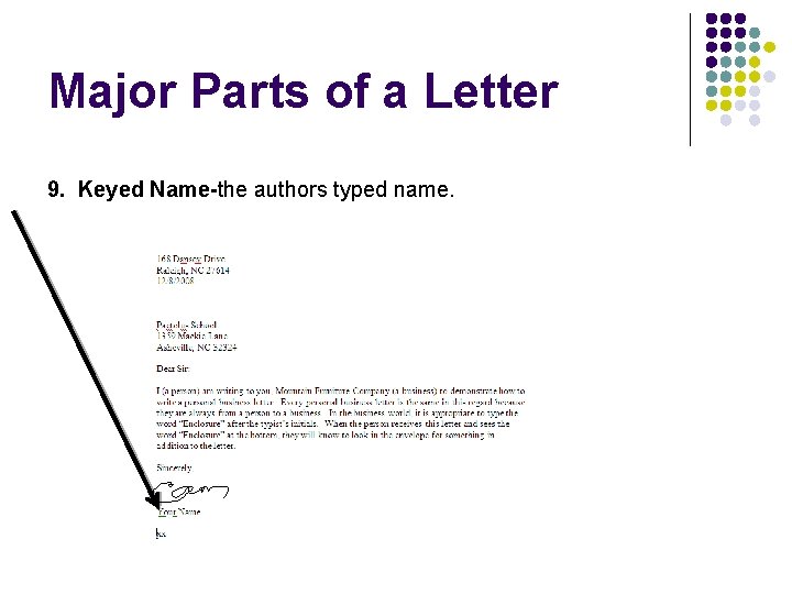 Major Parts of a Letter 9. Keyed Name-the authors typed name. 