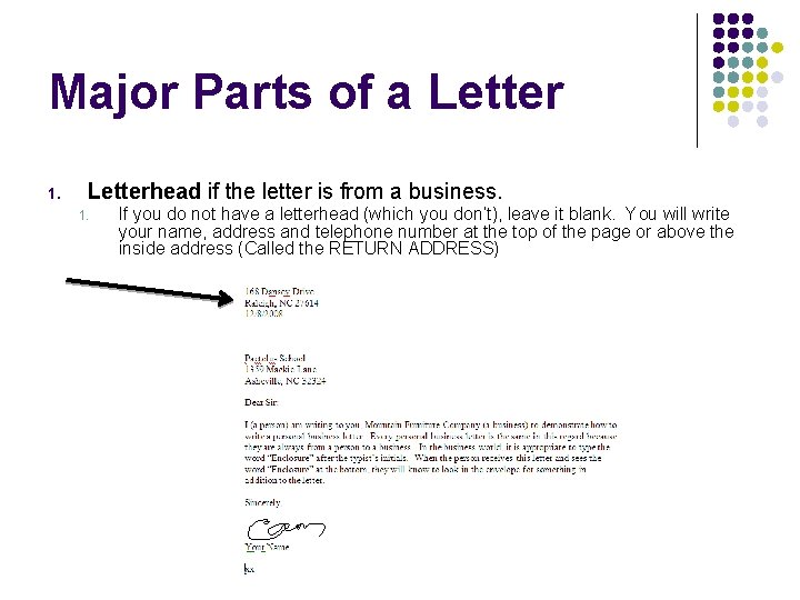 Major Parts of a Letter 1. Letterhead if the letter is from a business.