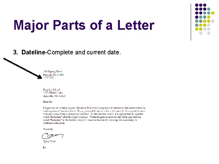 Major Parts of a Letter 3. Dateline-Complete and current date. 