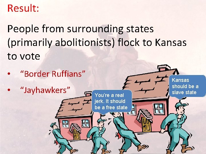 Result: People from surrounding states (primarily abolitionists) flock to Kansas to vote • “Border